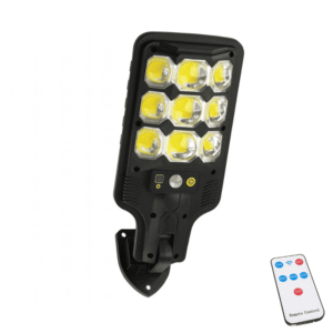 Lampe solaire LED extérieure murale avec détecteur de mouvement et télécommande.