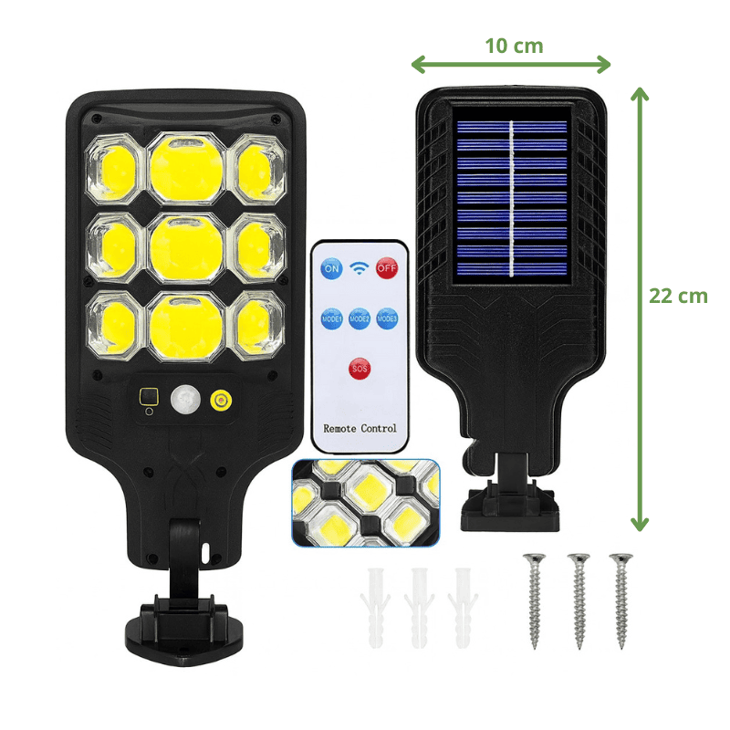 Lampe solaire LED extérieure avec panneau solaire, télécommande, vis de fixation et dimensions 22 cm par 10 cm.