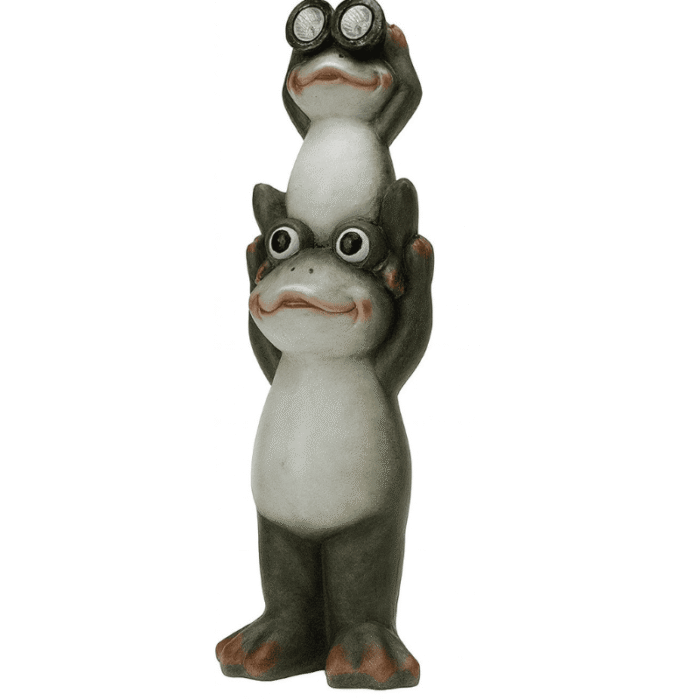 Sculpture solaire grenouille double – grande grenouille portant une petite avec jumelles, décoration de jardin originale en résine verte et blanche.