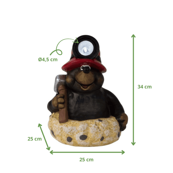Dimensions de la figurine taupe mineur décorative avec lampe frontale LED — hauteur 34 cm, largeur 25 cm, lampe Ø4,5 cm