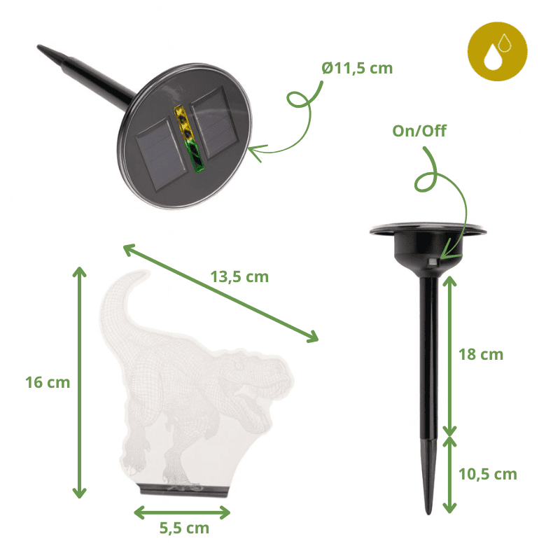 Lampe solaire LED T-Rex 3D avec panneau solaire et dimensions détaillées