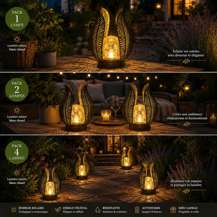 Ambiance lumineuse de jardin avec lampe solaire décorative feuilles – exemples d’installation en pack 1, 2 et 4 lampes