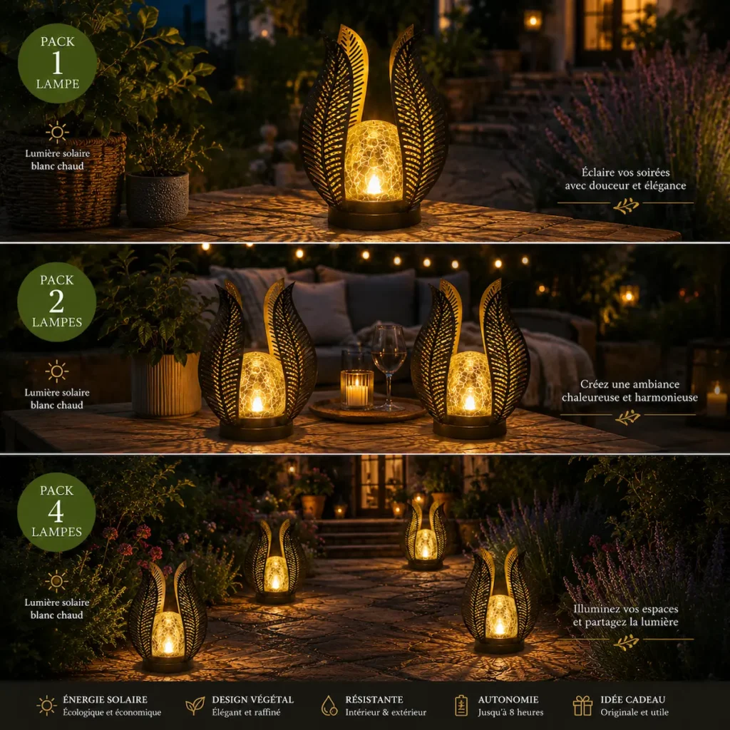 Lampe solaire décorative feuilles LED blanc chaud pour jardin, terrasse et balcon – présentation des packs 1, 2 et 4 lampes