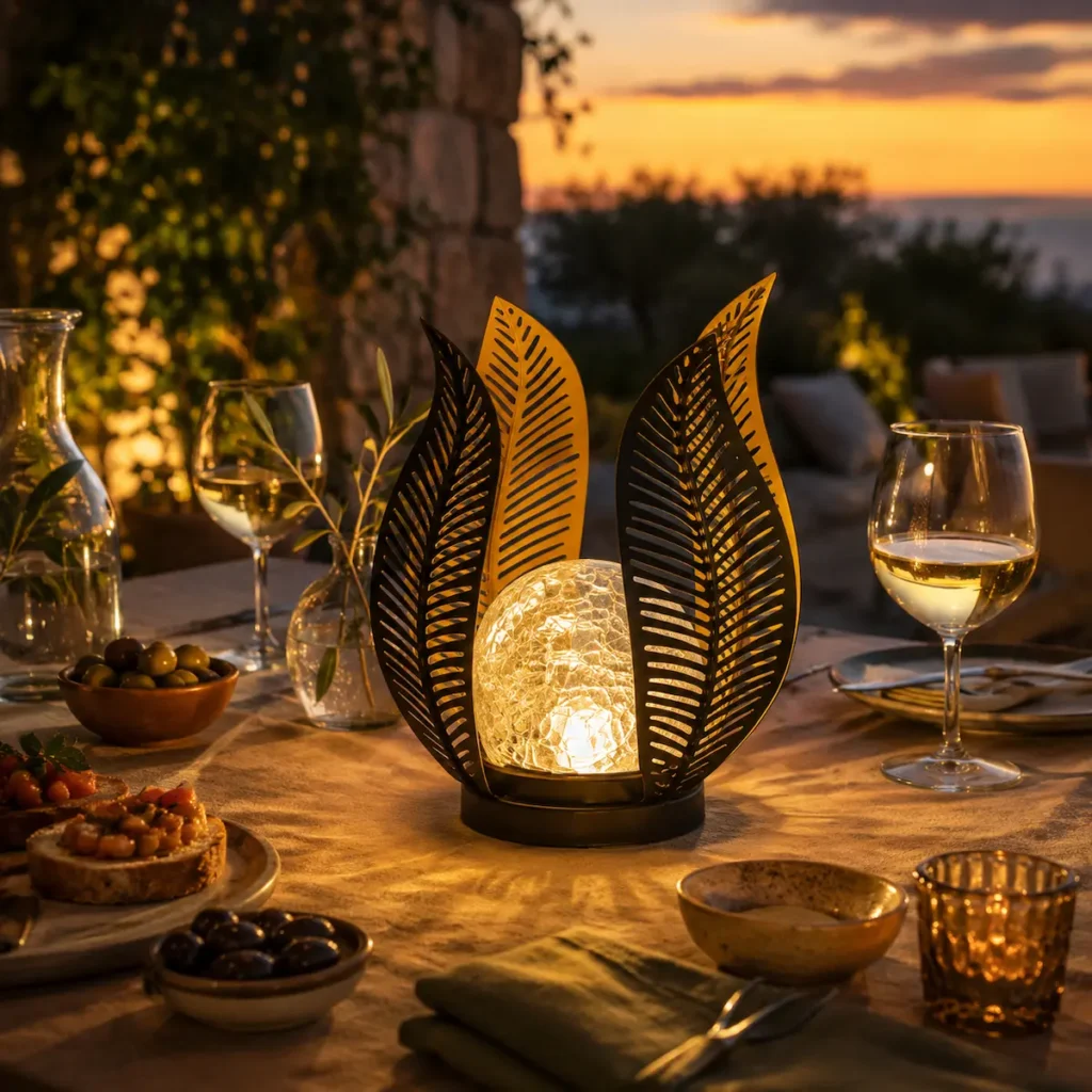 Lampe décorative solaire à poser en métal ajouré style feuille, mise en scène extérieure conviviale sur table d’apéro au coucher du soleil