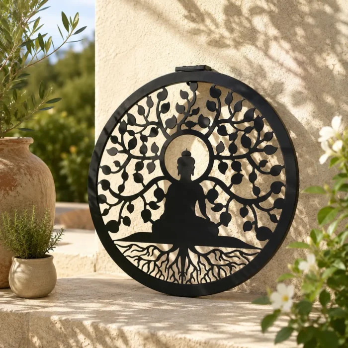 Lampe murale solaire Bouddha en métal noir représentant un arbre de vie, installée sur un mur de terrasse baignée de lumière naturelle.