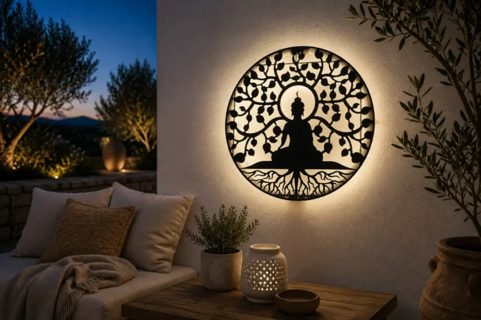 Lampe murale solaire Bouddha diffusant une lumière blanche chaude sur un mur de terrasse, créant une ambiance zen et apaisante au coucher du soleil.