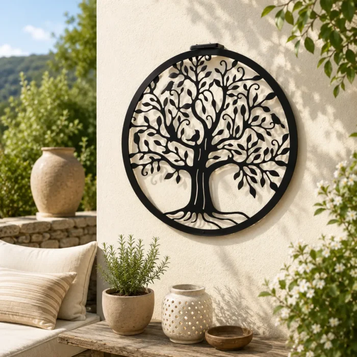 Lampe murale solaire Arbre de Vie en métal noir installée sur un mur de terrasse méditerranéenne, éclairée par la lumière naturelle, entourée de plantes et d'une décoration extérieure zen.