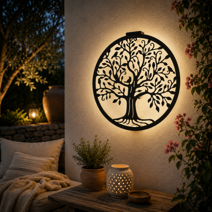 Lampe murale solaire Arbre de Vie diffusant une lumière blanche chaleureuse sur un mur extérieur, créant une ambiance zen et apaisante sur une terrasse de nuit.