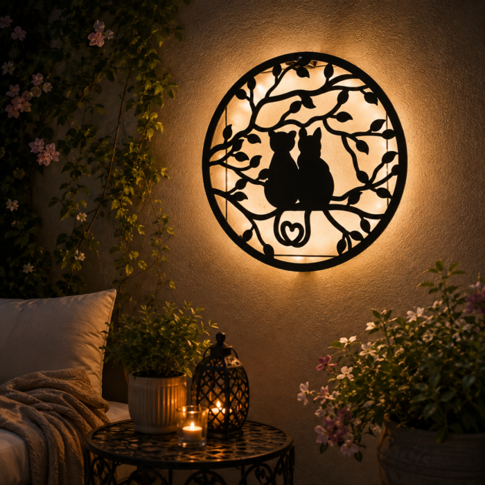 Lampe murale solaire Chats Amoureux illuminée de nuit sur un mur extérieur, créant une ambiance douce et romantique dans le jardin.
