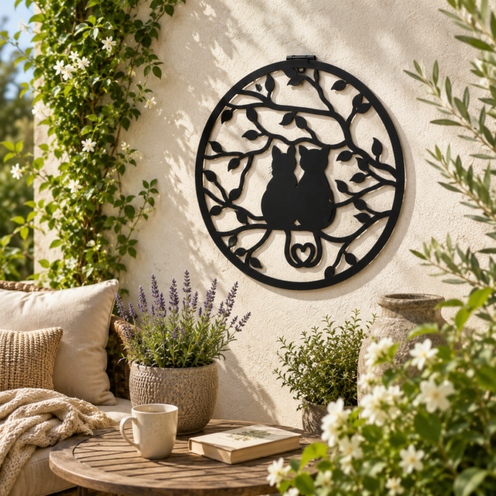 À la tombée de la nuit, la silhouette des deux chats se révèle dans un halo lumineux apaisant. Une décoration solaire idéale pour créer une atmosphère romantique sur une terrasse ou dans un jardin.