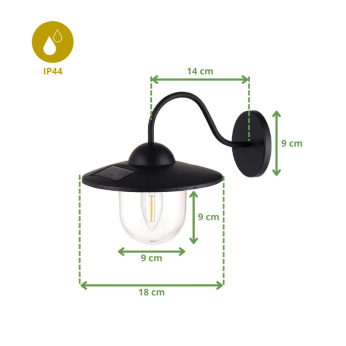 Dimensions de l’applique murale solaire extérieure noire LED, design étanche IP44 avec panneau solaire intégré et ampoule filament.