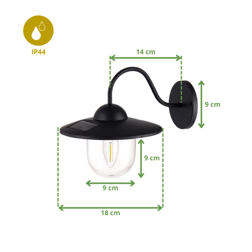 Dimensions de l’applique murale solaire extérieure noire LED, design étanche IP44 avec panneau solaire intégré et ampoule filament.