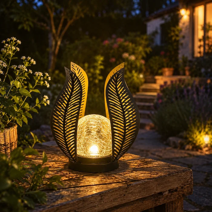 Lampe solaire décorative feuilles sur table de jardin la nuit