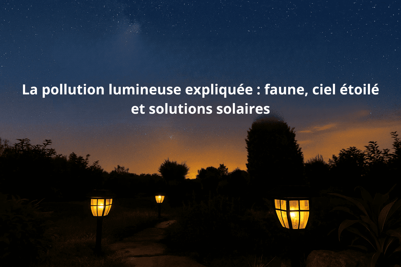 Jardin de nuit avec éclairage solaire doux, ciel étoilé et végétation — réduire la pollution lumineuse