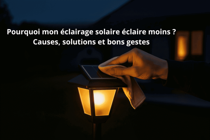 Nettoyage d’un panneau solaire d’une lampe de jardin pour améliorer la luminosité – article : Pourquoi mon éclairage solaire éclaire moins ? Causes, solutions et bons gestes