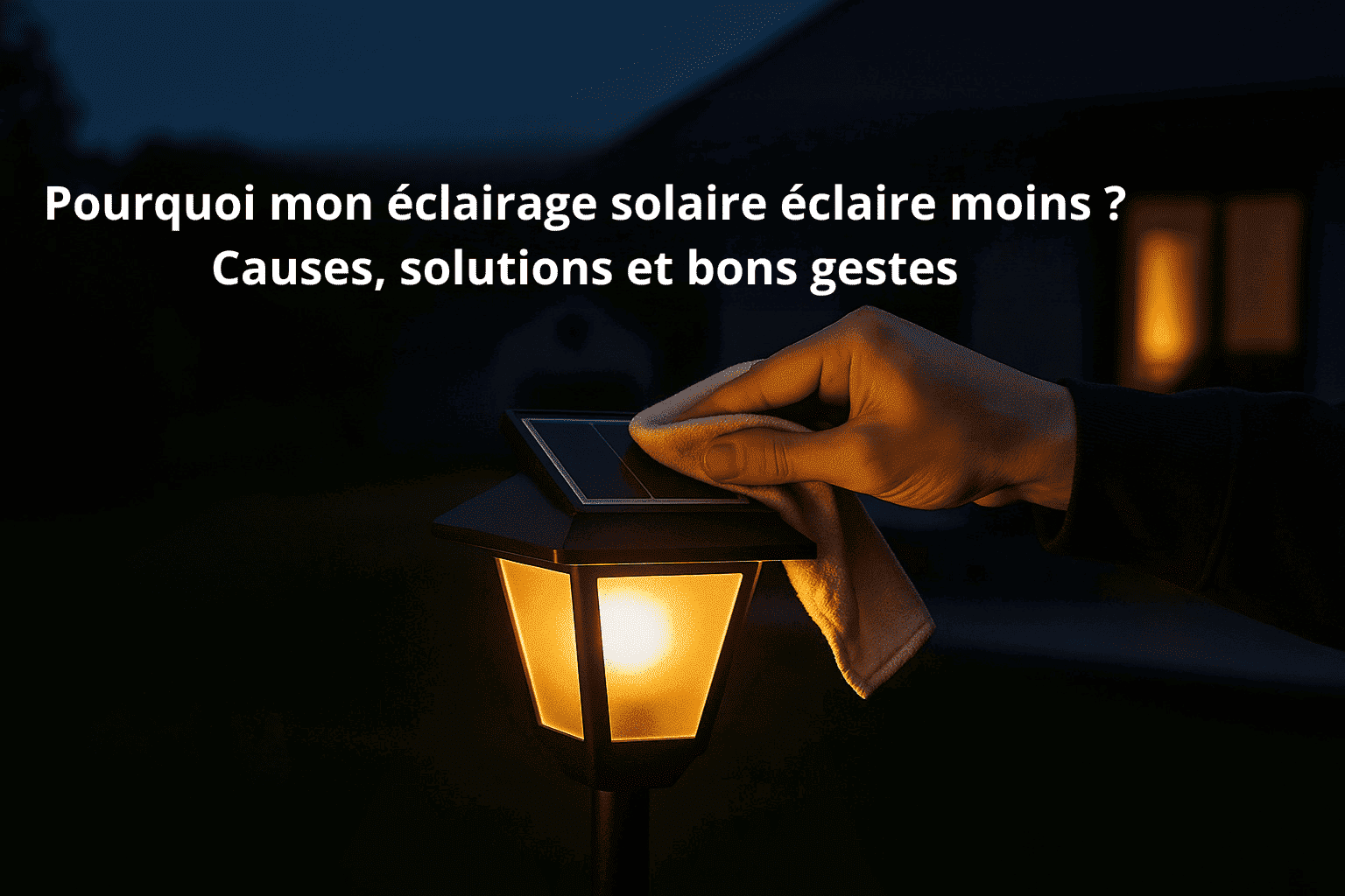 Nettoyage d’un panneau solaire d’une lampe de jardin pour améliorer la luminosité – article : Pourquoi mon éclairage solaire éclaire moins ? Causes, solutions et bons gestes
