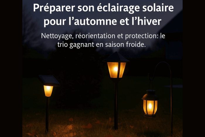 Préparer son éclairage solaire pour l’automne et l’hiver — lampes solaires allumées dans un jardin au crépuscule, illustrant le nettoyage, la réorientation et la protection des équipements pour la saison froide