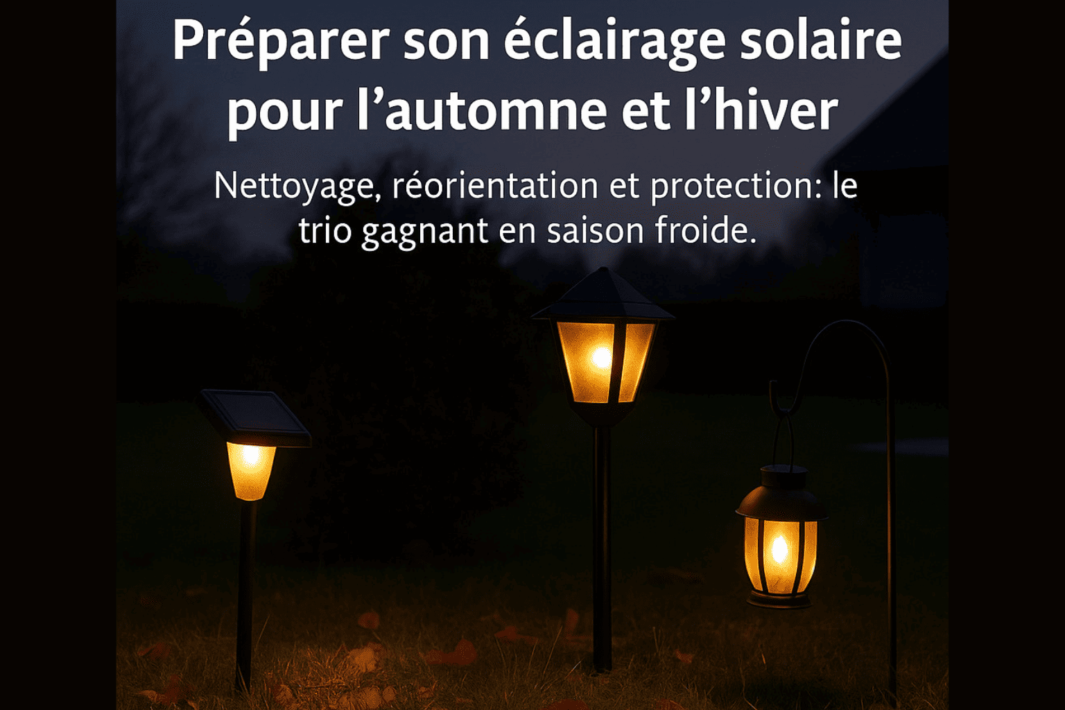 Préparer son éclairage solaire pour l’automne et l’hiver — lampes solaires allumées dans un jardin au crépuscule, illustrant le nettoyage, la réorientation et la protection des équipements pour la saison froide