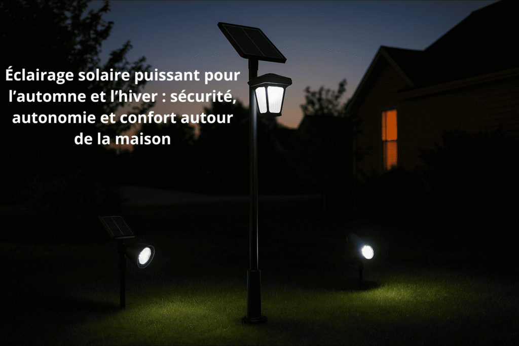 Lampadaire et projecteur solaire puissants éclairant une allée en hiver, installation facile et sécurité autour de la maison.