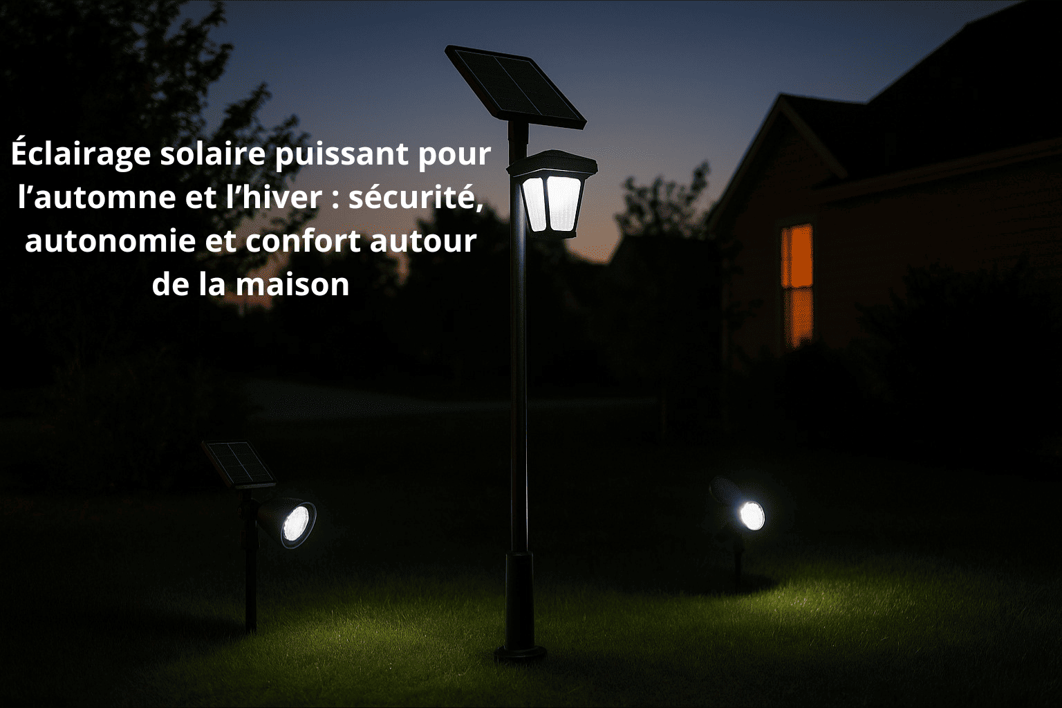 Lampadaire et projecteur solaire puissants éclairant une allée en hiver, installation facile et sécurité autour de la maison.