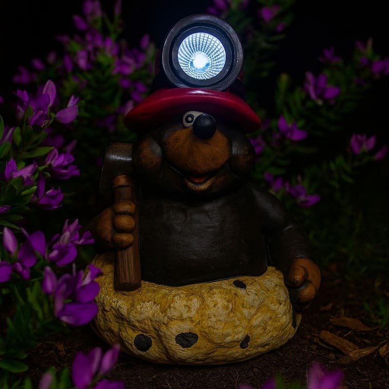 Taupe mineur solaire décorative avec lampe LED allumée parmi des fleurs violettes dans un jardin de nuit