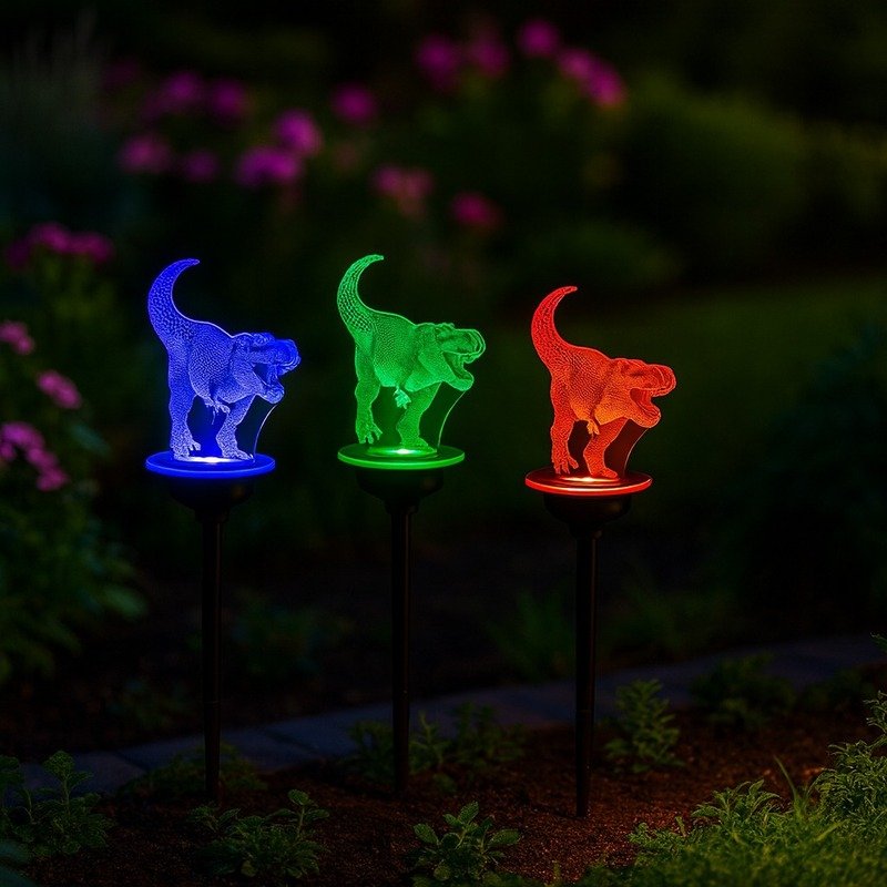 lampe-solaire-led-trex-3d-jardin-nuit.jpg" alt="Lampes solaires LED T-Rex 3D multicolores illuminant un jardin fleuri la nuit avec effet lumineux bleu, vert et rouge