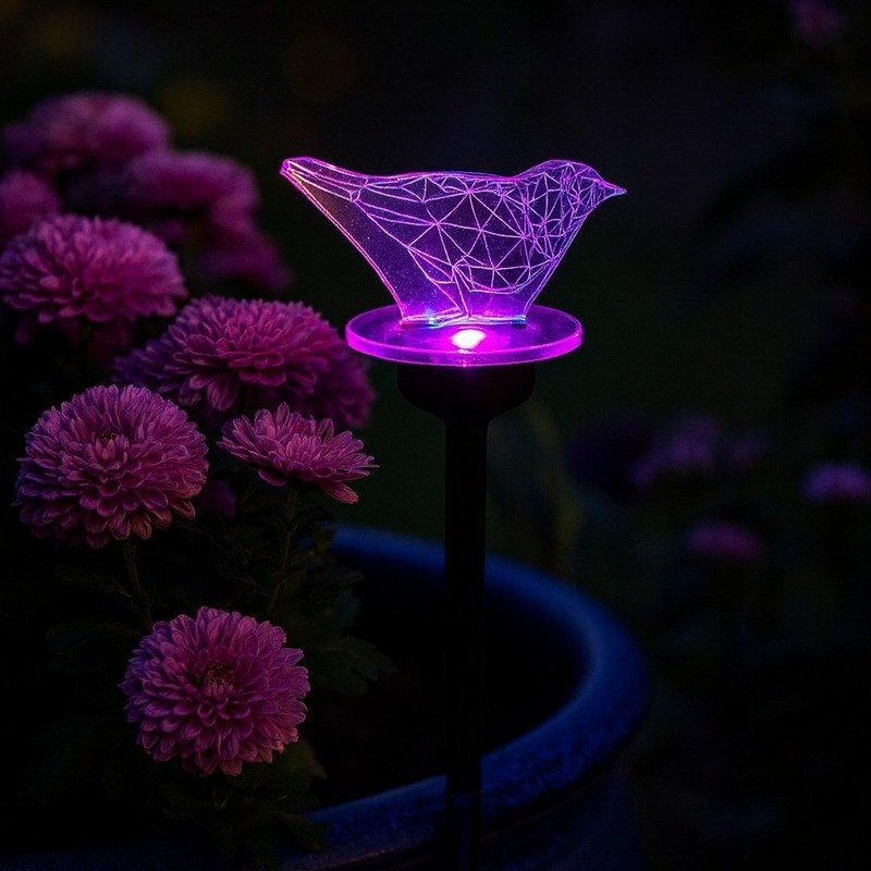 Lampe solaire LED Oiseau 3D violette illuminée de nuit dans un pot de fleurs – éclairage décoratif de jardin