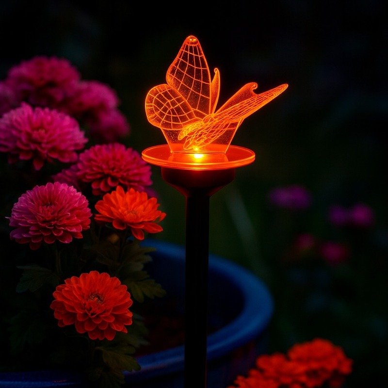 Piquet solaire papillon Mystic Butterfly illuminé en rouge dans un pot de fleurs, créant une ambiance lumineuse et colorée de nuit dans le jardin.