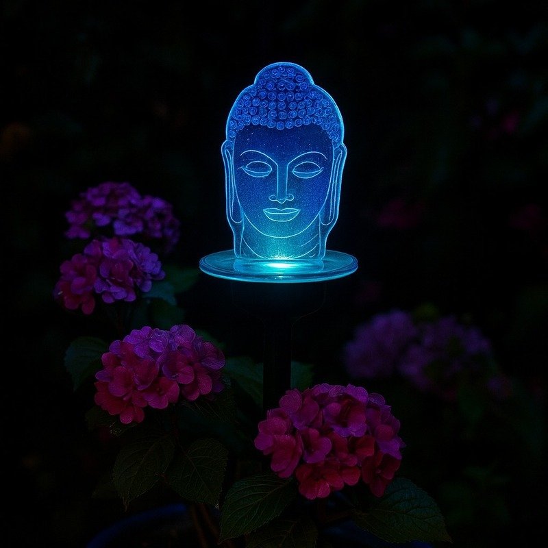 Tête de Bouddha solaire LED illuminée en bleu dans un pot de fleurs, ambiance zen de jardin nocturne