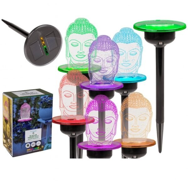 Piquet solaire Bouddha 3D Mystic Buddha multicolore avec changement de couleur LED et panneau solaire intégré