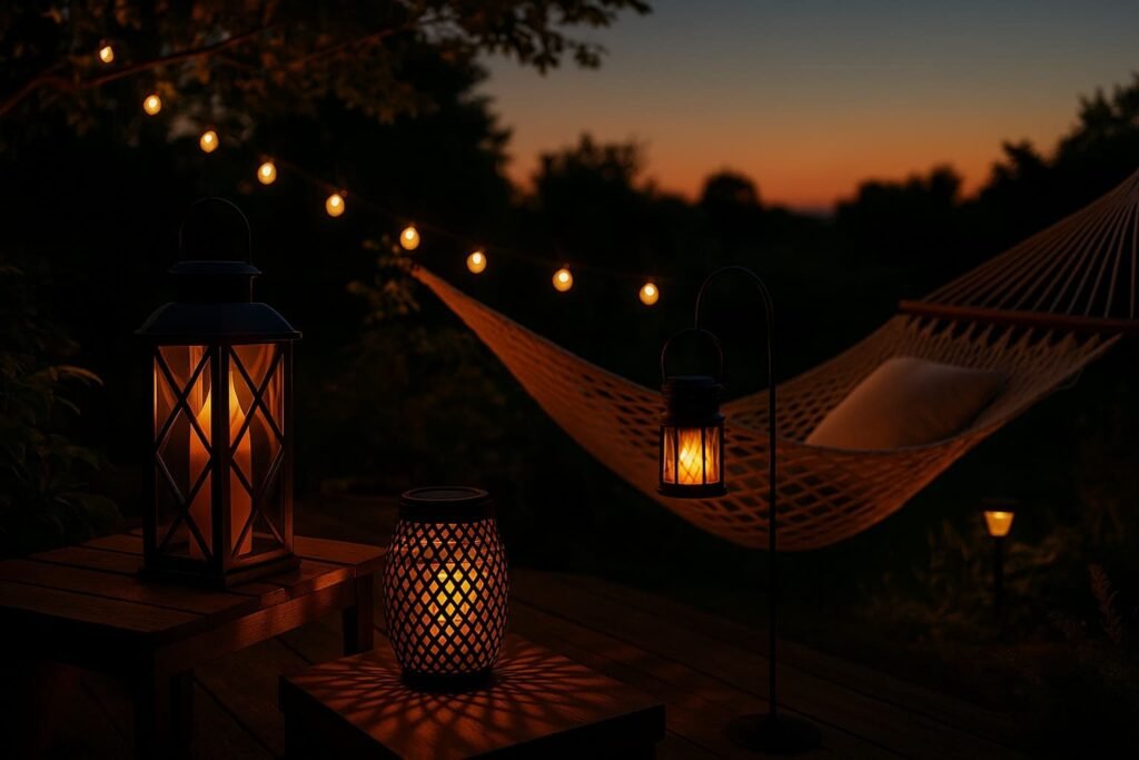 Lanternes et guirlandes solaires créant une ambiance chaleureuse sans électricité, dans un coin détente au crépuscule.