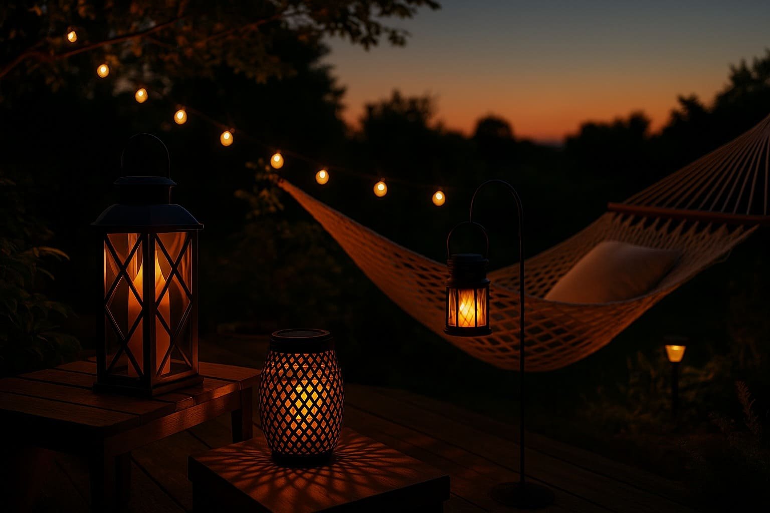 Lanternes et guirlandes solaires créant une ambiance chaleureuse sans électricité, dans un coin détente au crépuscule.