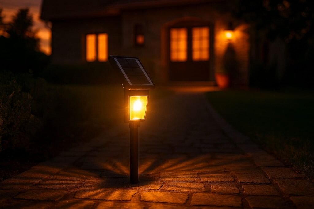 Projecteur solaire LED éclairant une allée de maisons au crépuscule, ambiance chaude et sécurisante.