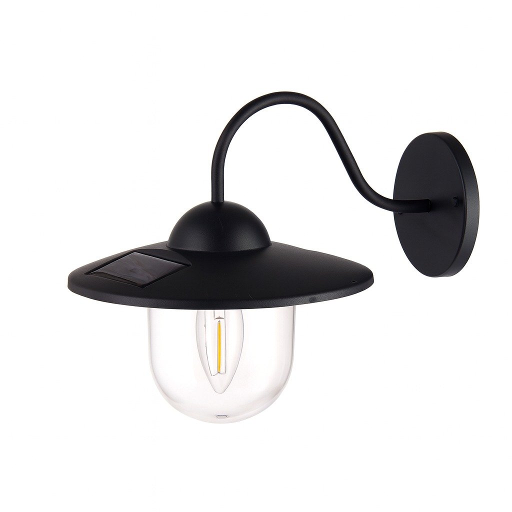 Applique murale solaire extérieure noire avec ampoule LED filament, design vintage et panneau solaire intégré pour éclairage de jardin ou terrasse.