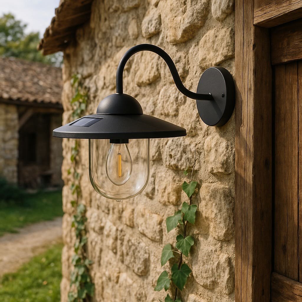 Applique murale solaire extérieure noire fixée sur mur en pierre, ampoule LED filament pour jardin, terrasse ou entrée de maison rustique.