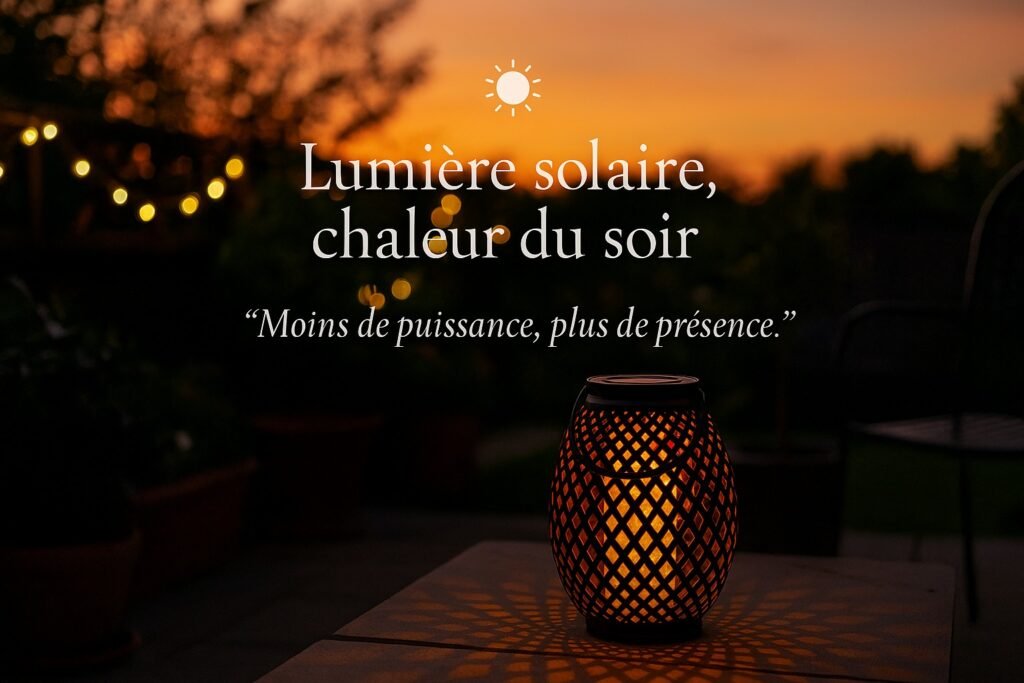 Lanterne solaire diffusant une lumière chaude au crépuscule dans un jardin, ambiance douce et naturelle – Lumière solaire, chaleur du soir.
