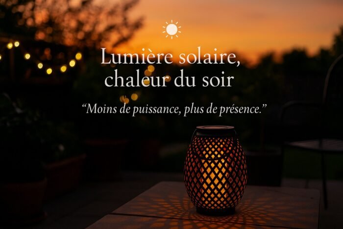Lanterne solaire diffusant une lumière chaude au crépuscule dans un jardin, ambiance douce et naturelle – Lumière solaire, chaleur du soir.