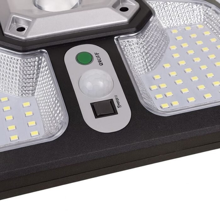 Détail du capteur de mouvement PIR et bouton marche arrêt d’un projecteur solaire LED extérieur