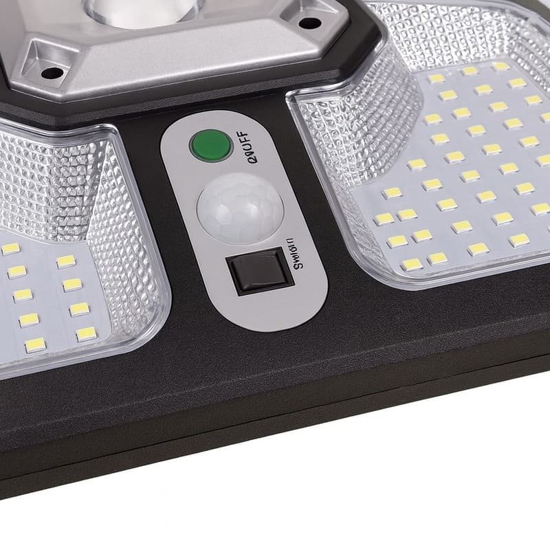 Détail du capteur de mouvement PIR et bouton marche arrêt d’un projecteur solaire LED extérieur