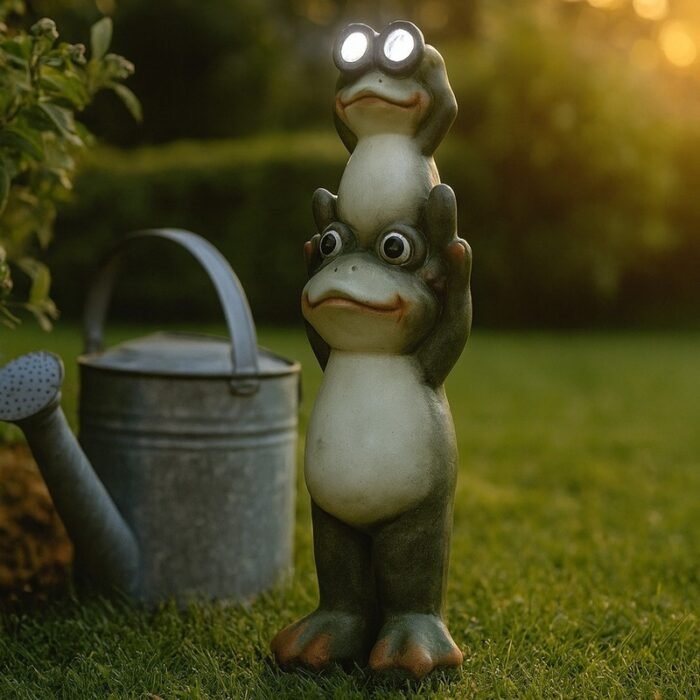 Lampe solaire grenouille décorative installée sur une pelouse au coucher du soleil, à côté d’un arrosoir métallique, lumière LED allumée dans les jumelles.