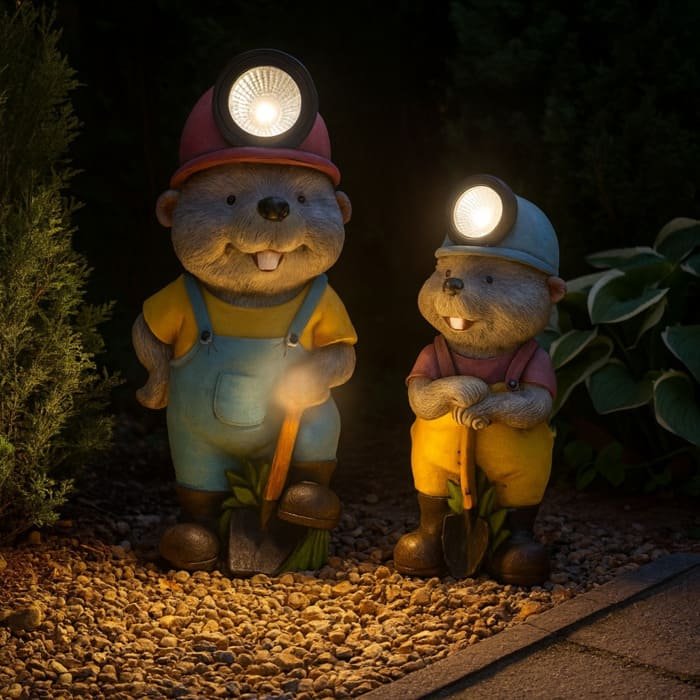 Statue solaire castor jardinier avec pelle – deux figurines de jardin en résine éclairées par lampe LED blanc froid, posées sur graviers au crépuscule