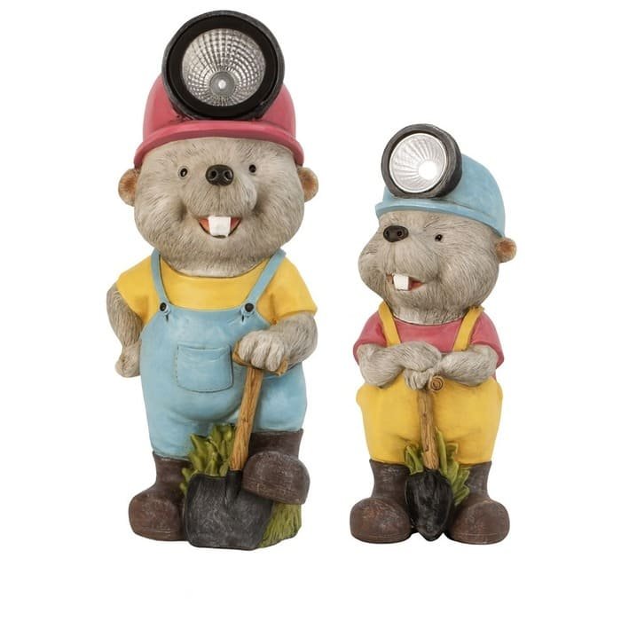 Statue solaire castor jardinier avec pelle – deux figurines décoratives en résine colorée avec lampe LED blanc froid intégrée