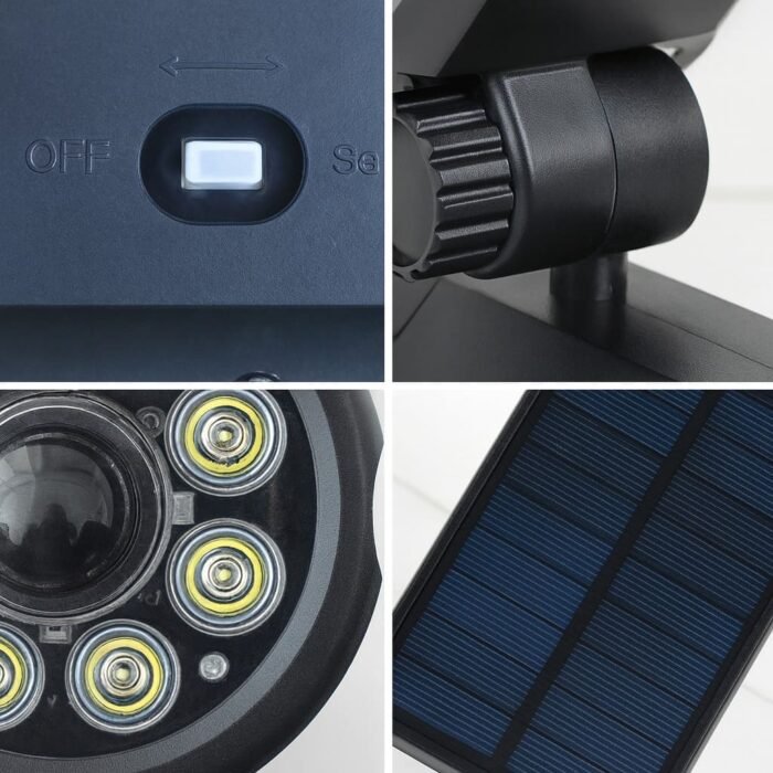 "Détails techniques du projecteur solaire LED : interrupteur ON/OFF, articulation réglable, lentilles LED et panneau solaire"