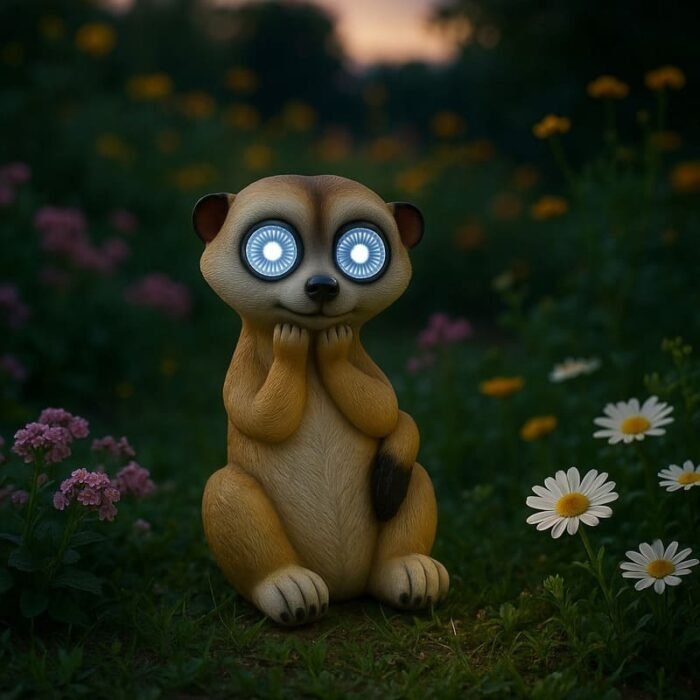 Figurine de suricate solaire aux yeux lumineux posée dans un jardin fleuri au crépuscule