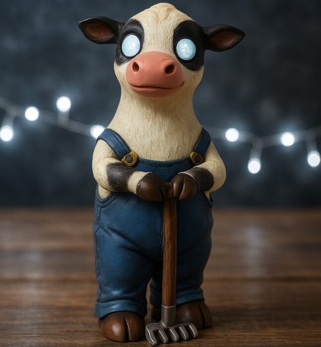 Figurine de vache en salopette bleue tenant un râteau, posée sur une table en bois avec guirlande LED blanche en arrière-plan.