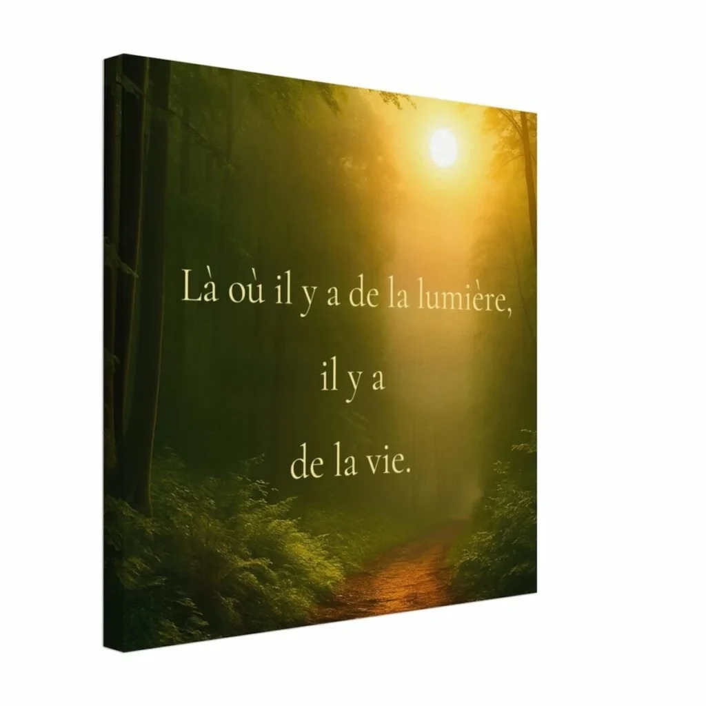 Toile murale carrée citation "Là où il y a de la lumière, il y a de la vie" – forêt lumineuse et soleil doré – Art & Esprit Solaire