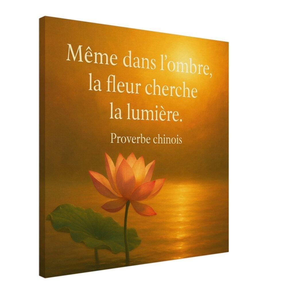 Toile murale lotus vue en perspective avec citation chinoise sur la lumière