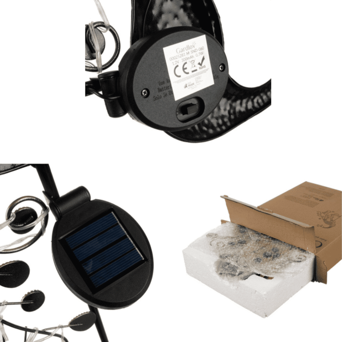 Boîtier arrière et panneau solaire de la lampe paon solaire avec bouton marche arrêt et emballage de protection