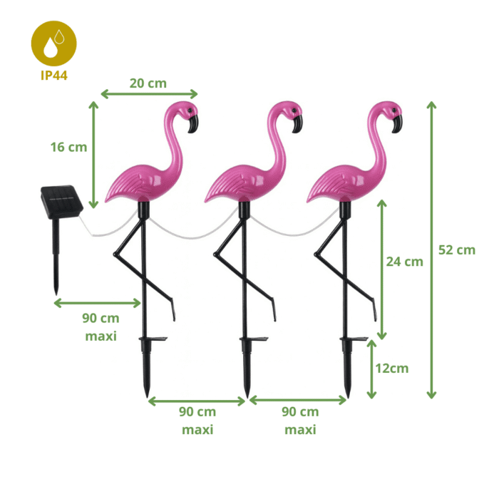 Dimensions lampes solaires flamants roses lot de 3 avec panneau solaire – hauteur 52 cm, étanchéité IP44, espacement réglable
