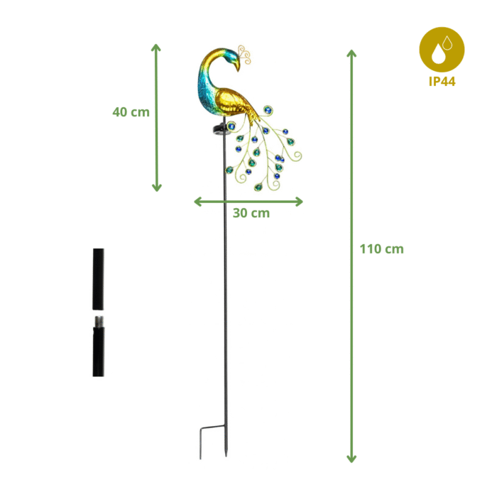 Lampe solaire paon multicolore 40 LED avec dimensions 110 cm et protection IP44